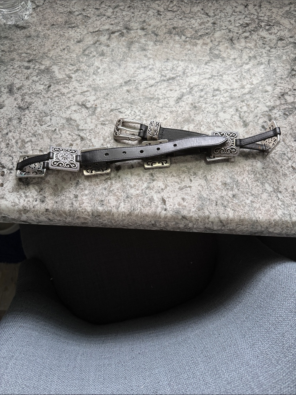 Brighton Black Leather Belt with Ornate Silver-Tone Buckle and Western Conchos